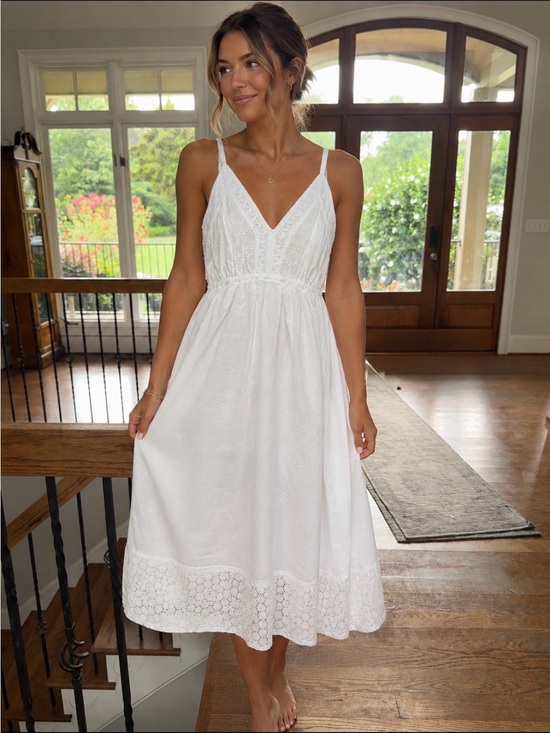 White Waves Dresses & Skirts - White V-Neck Spaghetti Strap Lace-Trim Embroidered boho Midi Dress